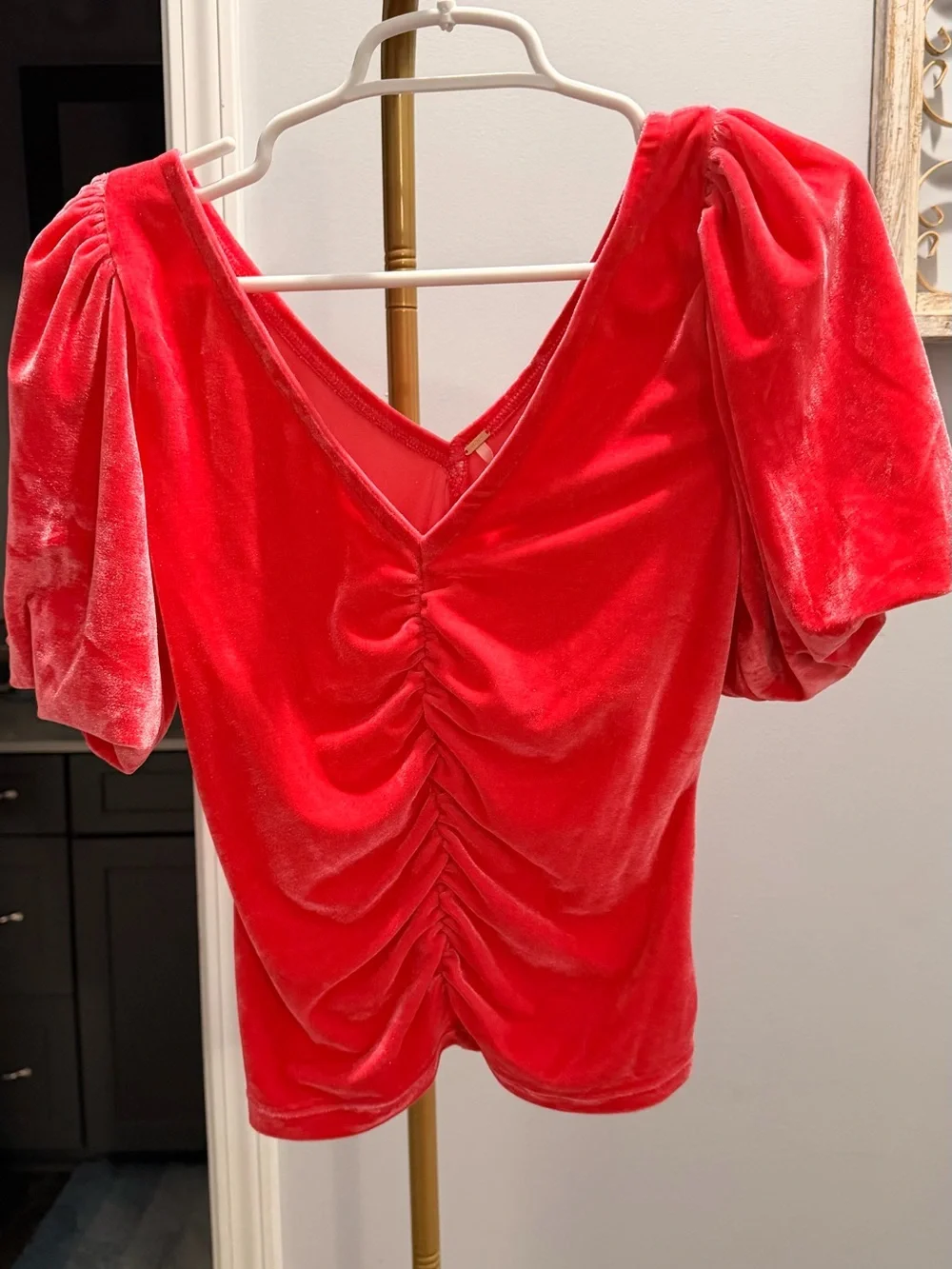 Free People Red Velvet V-Neck Ruched Puff Sleeve Top